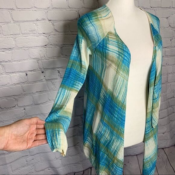 Anthropologie Sparrow Revolution asymmetrical draped plaid cardigan sweater - Picture 2 of 12